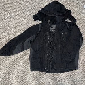 CB black and charcoal designs winter coat with zip off hood zippered pockets.